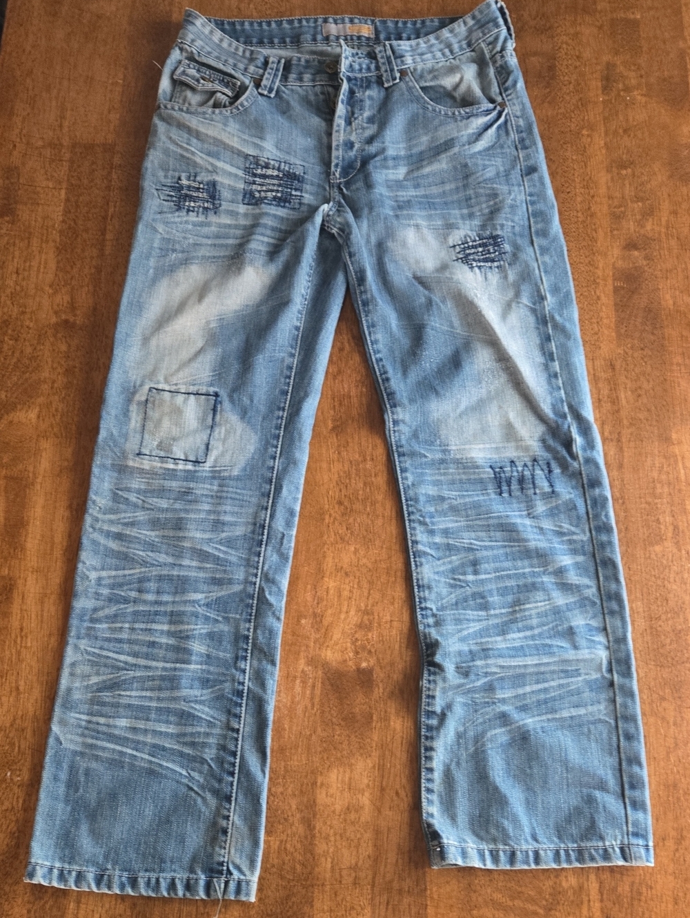 G-Star Raw Denim ELWOOD 3301 Light Blue Straight Jeans with Distressed Patchwork
